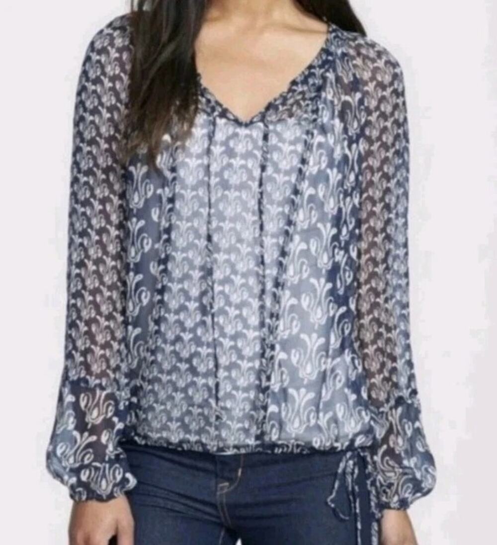 LUCKY BRAND X JOHN ROBSHAW | Sheer Long Sleeve Boho Print Peasant Blouse Tie Hem